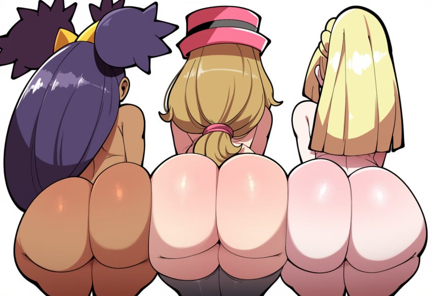 3girls ai_generated ass-to-ass ass_focus big_ass bubble_butt dark-skinned_female dark_skin dat_ass game_freak gyatt huge_ass iris_(pokemon) lillie_(pokemon) mullon nintendo novelai pokemon pokemon_bw pokemon_sm pokemon_xy serena_(pokemon)