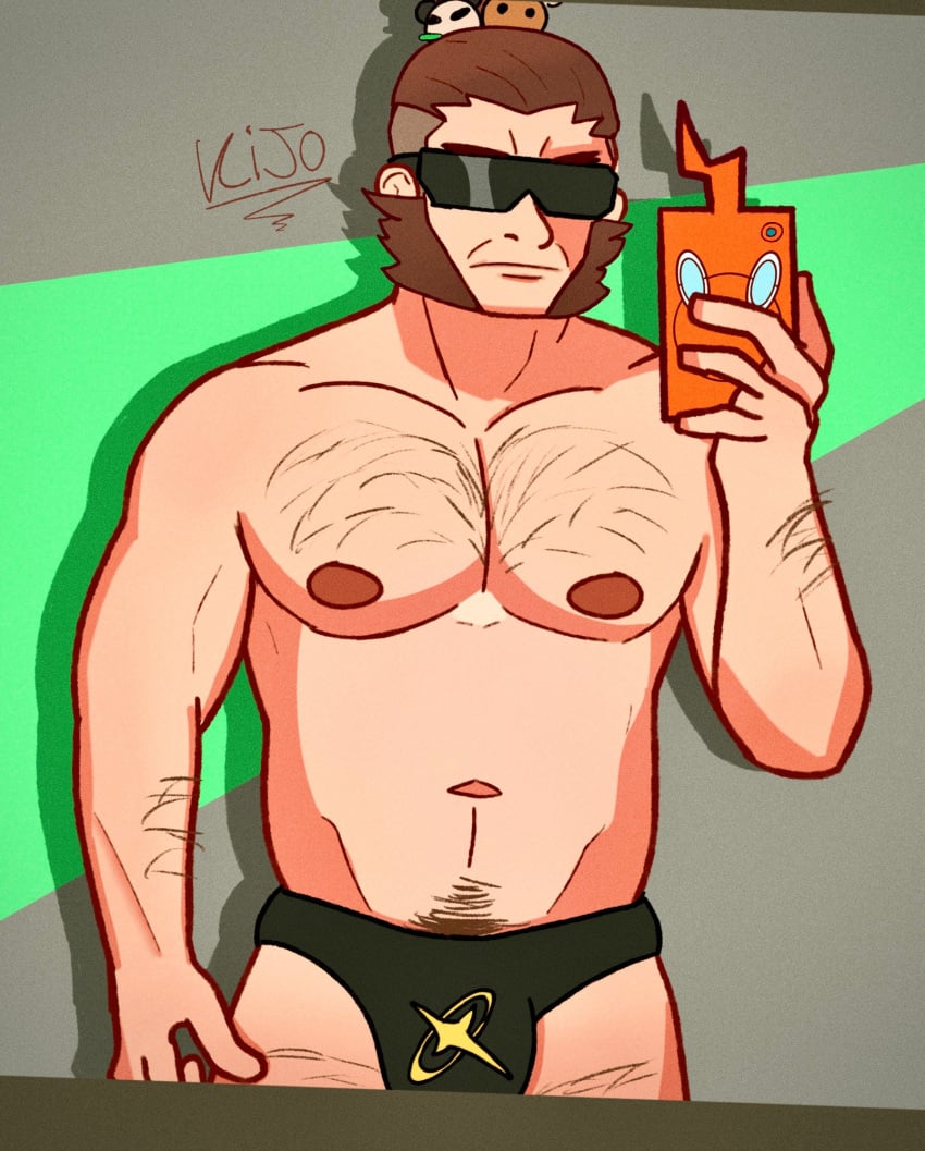 bara bulge facial_hair flaccid kijov male male_only muscles muscular nintendo phone pokemon pokemon_legends:_z-a rotom_phone sideburns solo solo_male sunglasses vinnie_(pokemon)