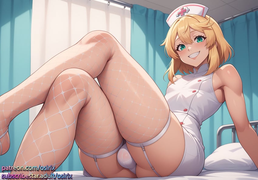 1femboy 1femboys ai_generated blonde_hair blonde_hair_male blonde_male bridget bulge bulge_through_clothing femboy fishnet_stockings fishnet_thighhighs fishnets guilty_gear male_only nurse osirix self_upload stable_diffusion white_fishnets