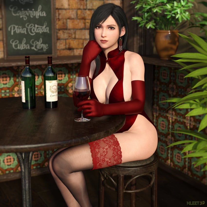 1girls 3d 3d_(artwork) 3d_model 3d_render artist_logo artist_name black_hair cafe date earrings elbow_gloves elegant female female_only final_fantasy final_fantasy_vii final_fantasy_vii_rebirth final_fantasy_vii_remake fit_female gloves highres hleet3d holding_object jewelry lace-trimmed_thighhighs lace_trim long_hair no_panties no_underwear pinup posing red_eyes red_gloves restaurant revealing_clothes revealing_dress sitting sitting_on_chair stockings thighhighs tifa_lockhart waiting wine wine_bottle wine_glass