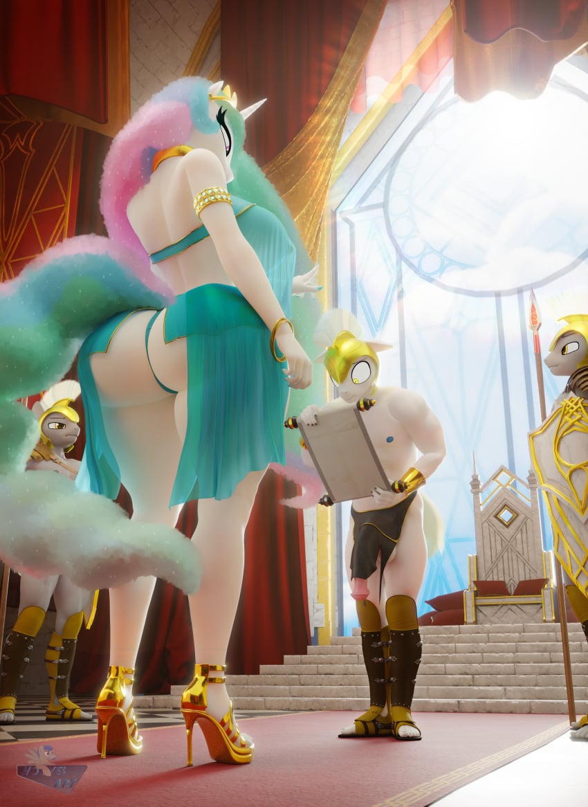 1girls 3boys 3d areolae ass big_ass big_breasts breasts bubble_butt digital_media erection erection_under_clothes fat_ass female friendship_is_magic heels helmet hooves-art horn huge_ass large_ass loincloth male multicolored_hair multicolored_tail multiple_boys my_little_pony nipples nipples_visible_through_clothing painted_nails png princess_celestia_(mlp) royal_guard_(mlp) royalty scroll see-through see-through_clothing shoes spear thick_ass thick_thighs weapon white_body wide_hips