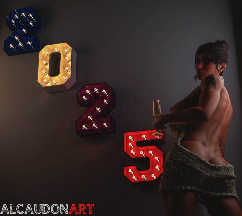 1girls 3d alcaudonart ass backless_outfit black_hair butt_crack champagne champagne_glass covered_nipples cyberpunk_(series) cyberpunk_2077 dark-skinned_female dark_skin female hair_bun naked_sweater new_year new_year_2025 night no_bra no_panties panam_palmer sideboob single_hair_bun solo virgin_killer_sweater