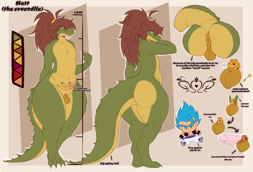 accessory anthro anus ass balls belly big_butt big_tail bodily_fluids broken_key brown_hair butt_focus chastity_cage chastity_cage_only chastity_device chastity_device_only chastity_key claws crocodile crocodilian darkened_balls darkened_genitalia dragon_ball femboy finger_claws flat_chastity_cage genital_fluids genital_focus genitals gogeta gold_(metal) gold_chastity_cage gold_chastity_device green_body green_tail hair hair_accessory heart_eyes heart_symbol hi_res long_hair male matt_(matt_user) matt_user model_sheet nude penis penis_focus permanent_chastity_device precum pubic_tattoo puffy_anus reptile scalie sex_toy slightly_chubby slightly_chubby_male small_balls small_penis solo spiked_tail spikes spikes_(anatomy) strapon strapon_over_chastity stylized_chastity_cage tail tattoo thick_thighs toe_claws wearing_chastity_cage wearing_chastity_device wide_hips