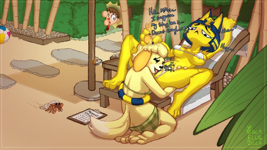 animal_crossing ankha_(animal_crossing) anthro beach beach_chair big_breasts bikini bikini_aside bikini_bottom bikini_top blue_hair blush breasts canid canine canis clothed clothing clothing_aside cunnilingus digital_media_(artwork) domestic_cat domestic_dog duo felid feline felis female female/female fur genitals hair hi_res humanoid isabelle_(animal_crossing) mammal navel nintendo open_mouth oral outside pussy riio_(artist) sand seaside sex sex_on_the_beach shih_tzu smile swimwear swimwear_aside tail text tongue toy_dog two-piece_swimsuit vaginal_penetration villager_(animal_crossing) yellow_body yellow_fur