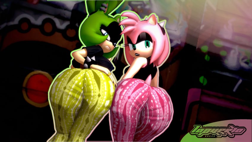 2girls 3d 3d_(artwork) alternate_version_at_source alternate_version_available amy_rose angry angry_face ass ass_focus flare_pants forbidden_pants goth huge_ass iopuerto koikatsu looking_at_viewer sonic_(series) surge_the_tenrec tagme