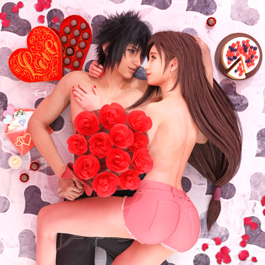 1girls 3d 3d_(artwork) 3d_model 3d_render artist_logo artist_name black_hair blue_eyes cake chocolate cuddling earrings female female_on_male final_fantasy final_fantasy_vii final_fantasy_vii_rebirth final_fantasy_vii_remake final_fantasy_xv fit_female heart heart_symbol highres hotpants jewelry laying_on_bed long_hair looking_at_another noctifa noctis_lucis_caelum older_female painted_nails pants patreon patreon_username pinup posing red_eyes red_fingernails red_nails ring rose_bouquet roses round_ass short_hair shorts tifa_lockhart tifacaelum topless_female valentine's_day younger_male