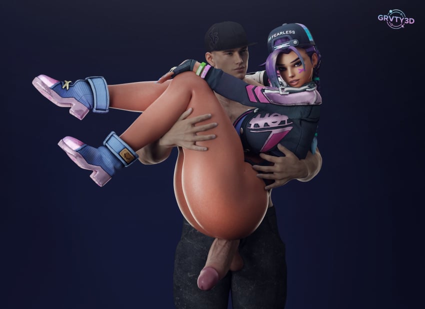 1boy 1girls 3d ass big_ass big_penis carrying dark-skinned_female dark_skin female grvty3d latina male overwatch penis penis_out sombra