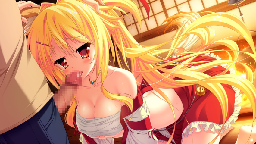 amagi_karin animal_ears blonde_hair blush censored collarbone female fox_ears game_cg long_hair magical_marriage_lunatics!! moonstone necklace open_mouth penis red_eyes yamakaze_ran