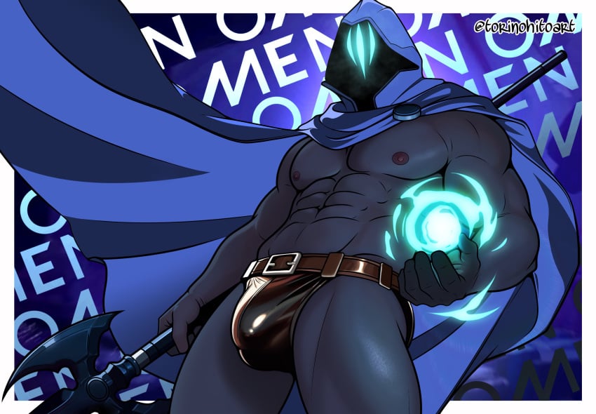 3_eyes 5_fingers abs absurd_res areola biceps biped black_body blue_body bodily_fluids bulge cape clothing detailed_background detailed_bulge fingers hi_res holding_object holding_weapon humanoid looking_at_viewer male male_only mask melee_weapon multi_eye muscular muscular_male nipples omen_(valorant) pecs polearm pose ranged_weapon riot_games simple_background solo spear standing tencent text thick_thighs torinohito underwear valorant weapon wearing_mask wide_hips