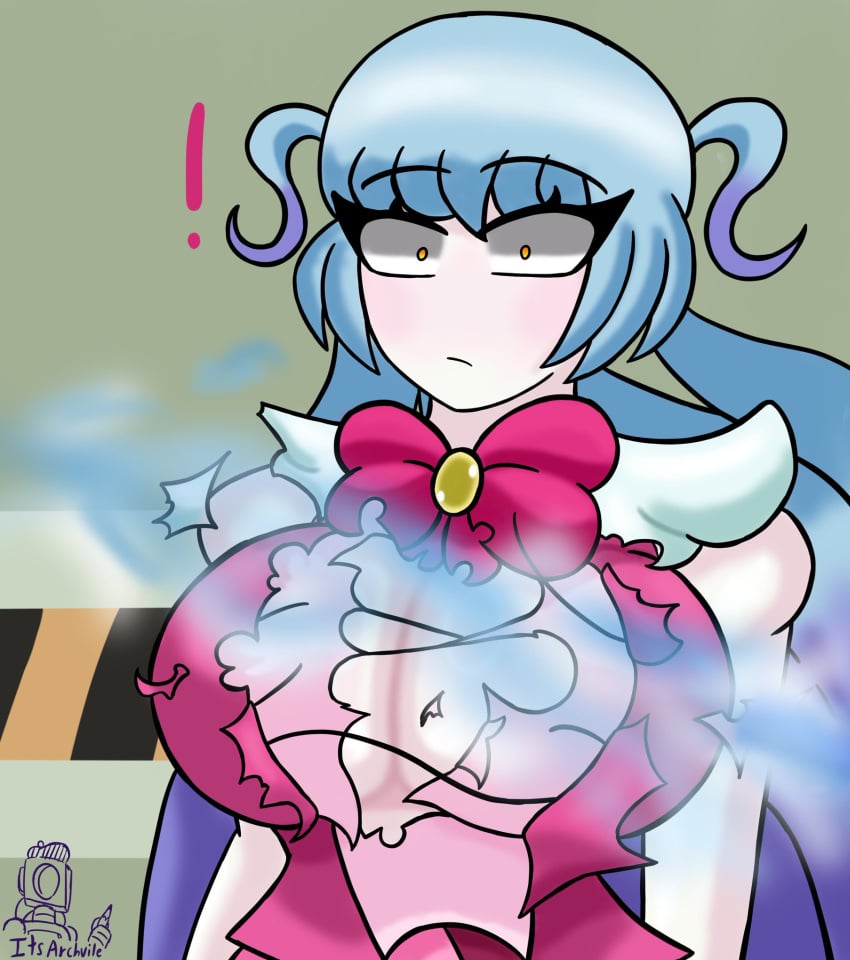 1girls big_breasts blue_bullet breasts bullet bullet_miss censored heart_hair_ornament its_archville lobotomy_corporation long_hair magical_girl project_moon queen_of_hatred ripped_clothing ripped_shirt solo solo_female solo_focus surprised surprised_expression white_body white_skinned_female