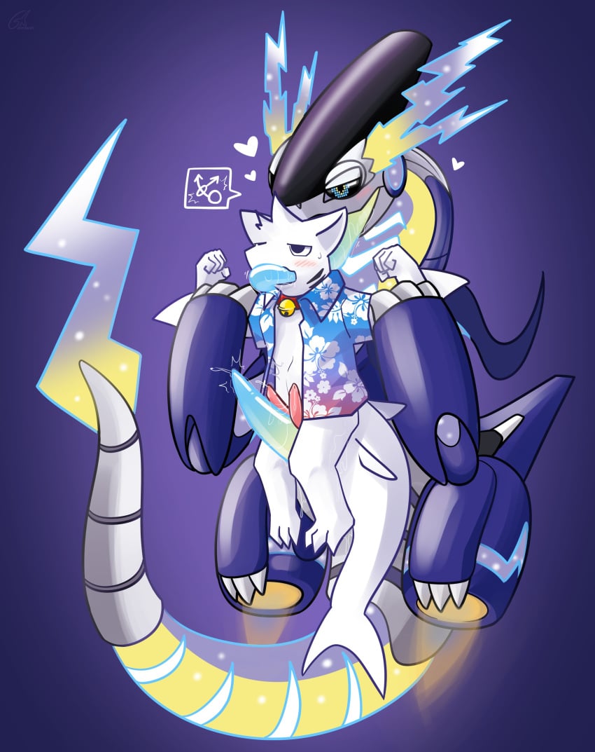 2022 2_penises absurd_res aloha_shirt animal_genitalia animal_penis anthro anthro_on_feral bell bell_collar biped blush bodily_fluids clothing cocoshark_(hacony) collar digital_drawing_(artwork) digital_media_(artwork) duo erection feral fin fish front_view fur future_pokemon generation_9_pokemon genital_fluids genitals gradient_penis held_up hemipenes hi_res ivxair3p larger_feral larger_male legendary_pokemon long_tail long_tongue male male/male marine miraidon multi_genitalia multi_penis nintendo paradox_pokemon pattern_clothing pattern_shirt pattern_topwear penis pink_penis pokemon pokemon_(species) purple_body sex shark shirt size_difference smaller_anthro smaller_male tail tapering_penis teal_penis thigh_sex tongue tongue_in_mouth topwear white_body white_fur yellow_penis zoophilia