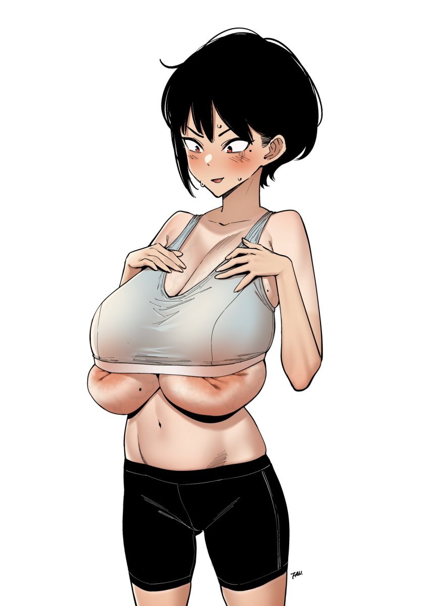 black_hair blush breast_expansion fan_(f.w.zholic) farmer's_tan female female_only huge_breasts mole navel nipple_slip nipples_visible_through_clothing paid_reward red_eyes small_ass sweatdrop top_heavy twitter_strip_game_(meme) veins_on_breasts yoga_pants