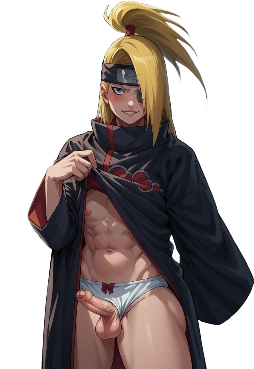 1boy ai_generated akatsuki_(naruto) bara blonde_hair blush briefs cloak cloud_print cock deidara dominant femboy femboy_focus male male_only muscular naruto naruto_(series) naruto_shippuden penis ponytail presenting small_penis solo solo_focus thick thick_thighs thighs