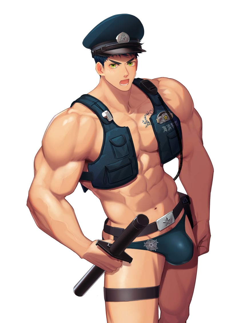 1boy abs bara beefy belt biceps big_bulge blue_hair blush bulge bulge_through_clothing bulletproof_vest collarbone gay green_eyes hand_on_hip hi_res holding_object hunk legband looking_at_viewer male male_only manly mature_male meisho_hanten muscles muscular muscular_arms muscular_legs muscular_male muscular_thighs navel open_mouth original original_character pecs police police_baton police_hat police_officer police_uniform short_hair six_pack skimpy standing sweat sweatdrop swimsuit tattoo tattoo_on_chest thick_arms thick_eyebrows thick_thighs thong tough_guy v-shaped_eyebrows veiny_arms veiny_belly veiny_muscles veiny_neck very_high_resolution walkie-talkie whistle white_background wide_shoulders