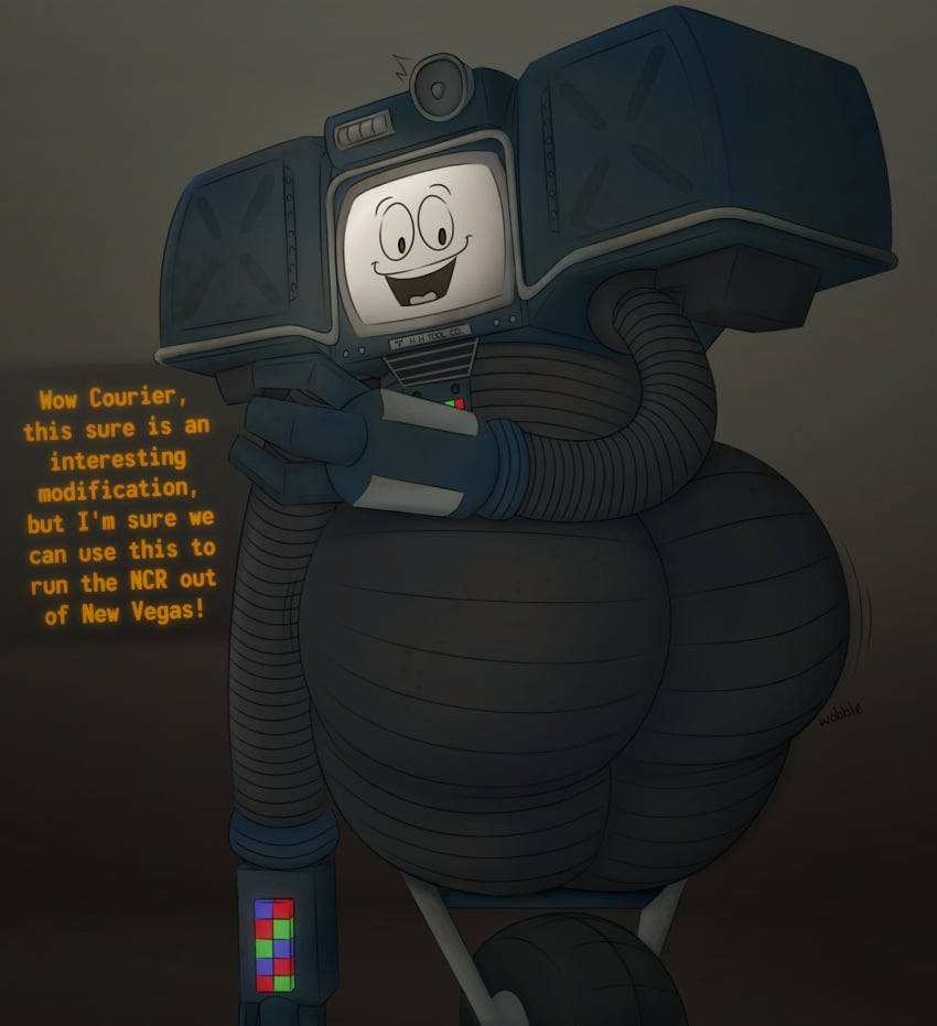 ass ass_focus chunknudies dialogue fallout fallout_(series) fallout_new_vegas huge_ass looking_back male male_only modification robot screen_face tagme text yes_man