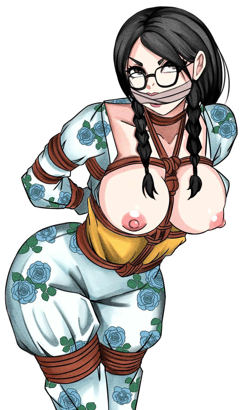 1female annoyed_expression asian_clothing asian_female big_ass big_breasts black_hair bondage braided_ponytail breasts_out commission commission_art dat_ass female_focus female_only fetish gagged_female glasses hands_behind_back hourglass_figure lanligatari looking_at_viewer no_background oc original_character tied_arms tied_legs tied_up white_background