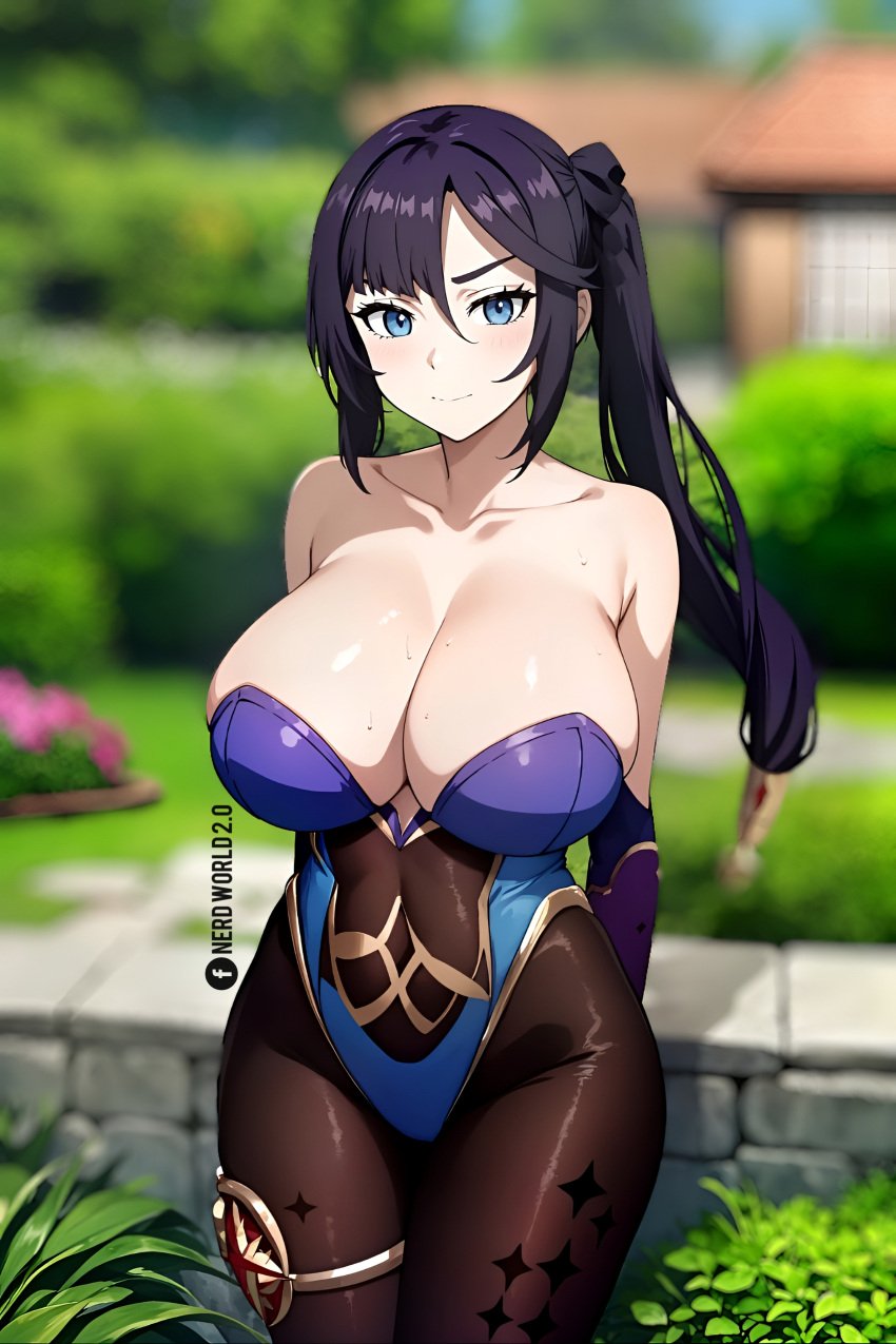 ai_generated big_breasts genshin_impact mona_(genshin_impact) nerdworld97 strapless_leotard thick_thighs waifu