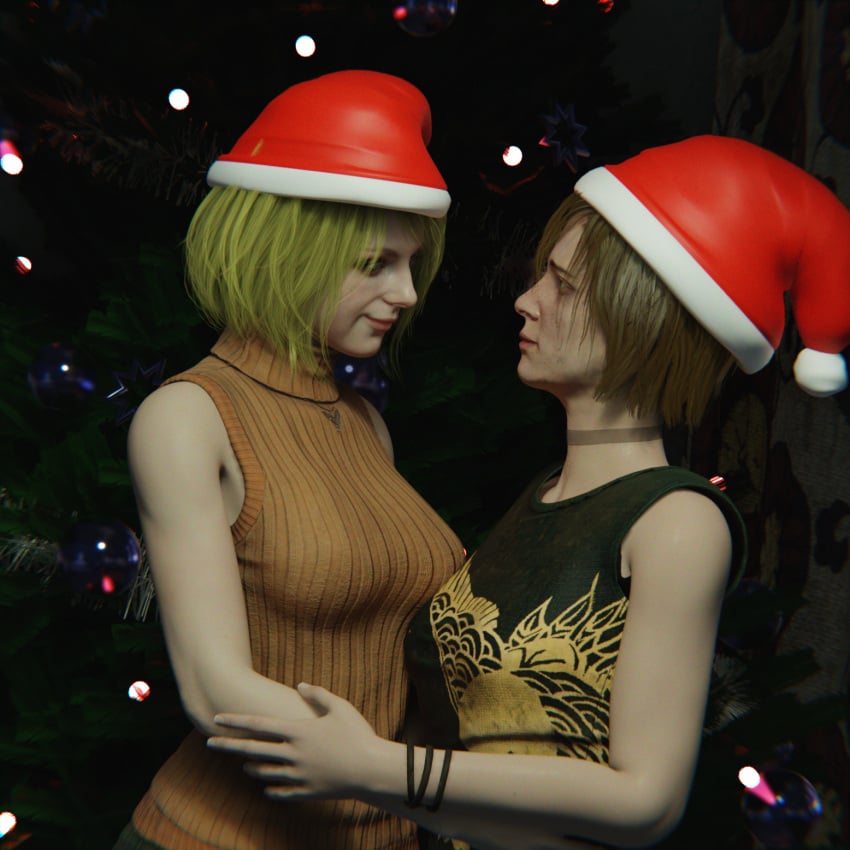 2girls 3d ashley_graham ashley_graham_(ella_freya) blender_(software) blonde_hair capcom cheryl_mason christmas christmas_hat couple crossover female gesture heather_mason human konami light-skinned_female light_skin medium_hair nqmiko01 resident_evil resident_evil_4 resident_evil_4_remake silent_hill silent_hill_3 yuri yuri