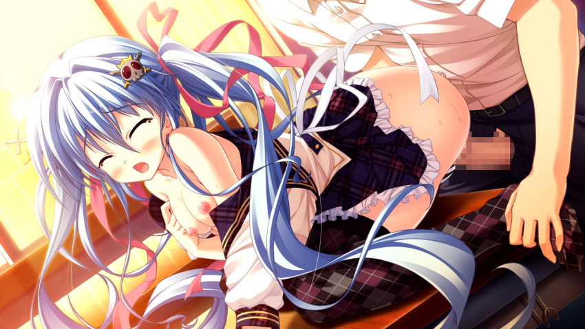 blue_hair blush breasts censored closed_eyes collarbone female game_cg hair_ornament long_hair luluna magical_marriage_lunatics!! moonstone nipples open_mouth ornament penis ribbon sex thighhighs tied_hair twintails vaginal_penetration yamakaze_ran