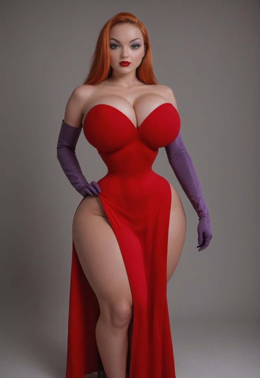 1girls ai_generated ass big_ass breasts caucasian elbow_gloves ginger ginger_hair green_eyes huge_breasts jessica_rabbit large_ass large_breasts makeup massive_ass purple_gloves realistic red_dress red_hair simple_background thick_ass thick_thighs weeweeman who_framed_roger_rabbit wide_hips