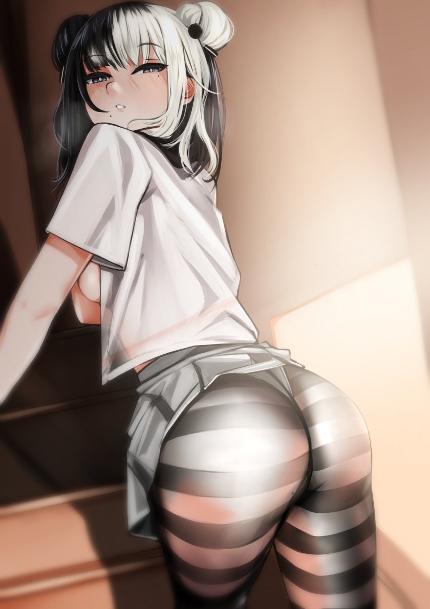 ass bangs black_hair blue_eyes blurry blush breasts depth_of_field eyebrows_visible_through_hair female from_behind hair_between_eyes hair_ornament indoors large_breasts long_hair looking_at_viewer looking_back multicolored_hair panties panties_under_pantyhose pantyhose parted_lips pleated_skirt sailor_collar school_uniform shirt short_sleeves sideboob silver_hair skindentation skirt solo striped striped_panties tagme_(character) thighband_pantyhose underwear white_shirt