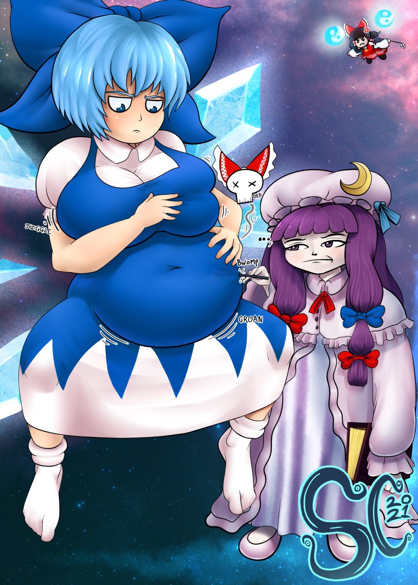 blue_eyes blue_hair cirno fairy groping_self patchouli_knowledge post-vore reformation reimu_hakurei spaghetticultists touhou vore weight_gain