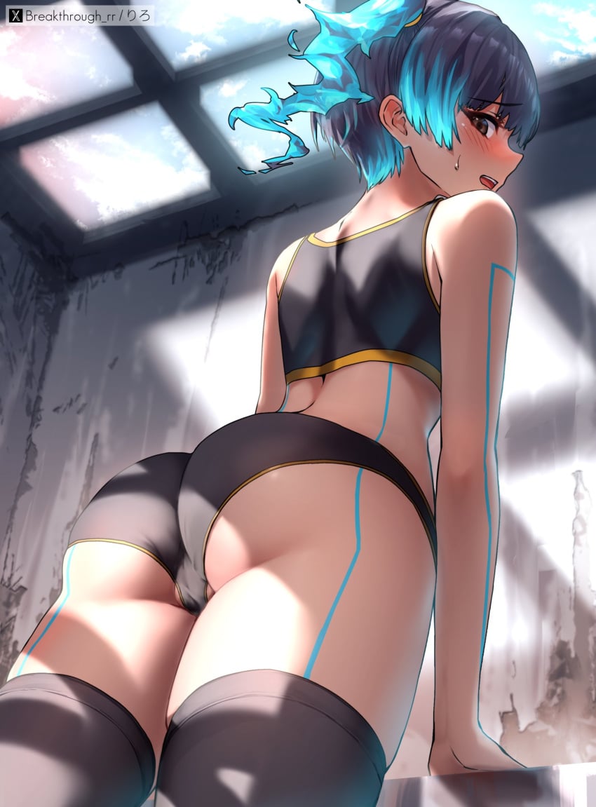 ass ass_focus blush body_lines breakthrough_rr brown_eyes dark-skinned_female dark_skin flaming_hair multicolored_hair navy_blue_hair nice_ass panties ponytail sena_(xenoblade) side_ponytail sports_bra stockings sweat tagme tan_skin tomboy xenoblade_(series) xenoblade_chronicles_3