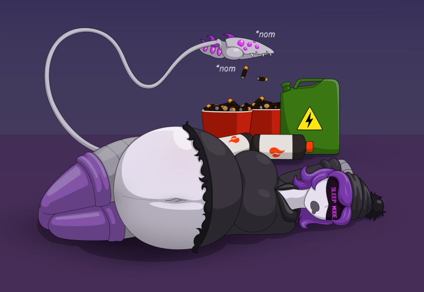 1female 1girls 1robot 1robot_girl 2020s 2023 2d 2d_(artwork) 2d_artwork batteries big_belly big_breasts black_screen black_screen_on_face eating female gasoline glitch_productions inflated_belly lotosnic murder_drones oil oil_bottle purple_eyes purple_hair robot robot_female robot_girl sleeping stripped_socks tail thick_belly uzi uzi_(murder_drones)