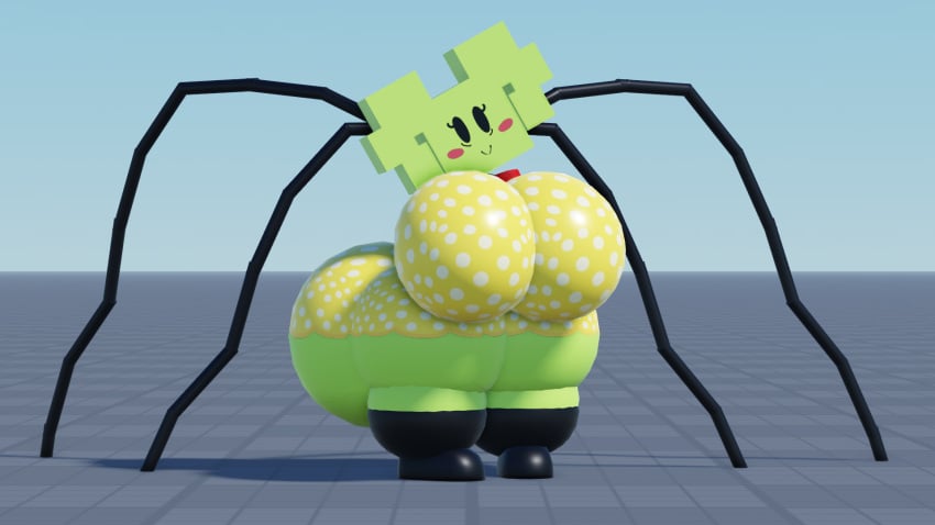 3d 3d_(artwork) 3d_model arandomrobloxperson basic_background creepy_smile green_body looking_back mario_(series) mimi_(super_paper_mario) nightmare_waifu nintendo paper_mario roblox socks spider_legs super_paper_mario white_dots yellow_dress