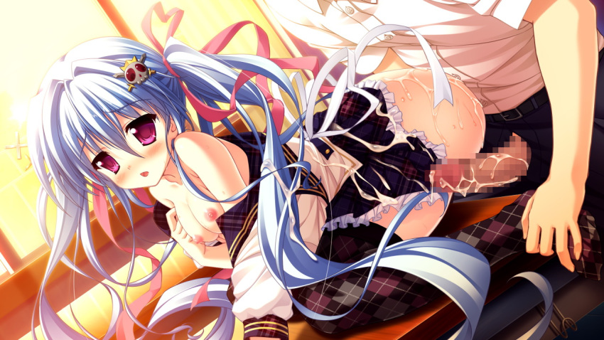 blue_hair blush breasts censored collarbone cum female game_cg hair_ornament long_hair luluna magical_marriage_lunatics!! moonstone nipples open_mouth ornament penis purple_eyes ribbon thighhighs tied_hair twintails yamakaze_ran