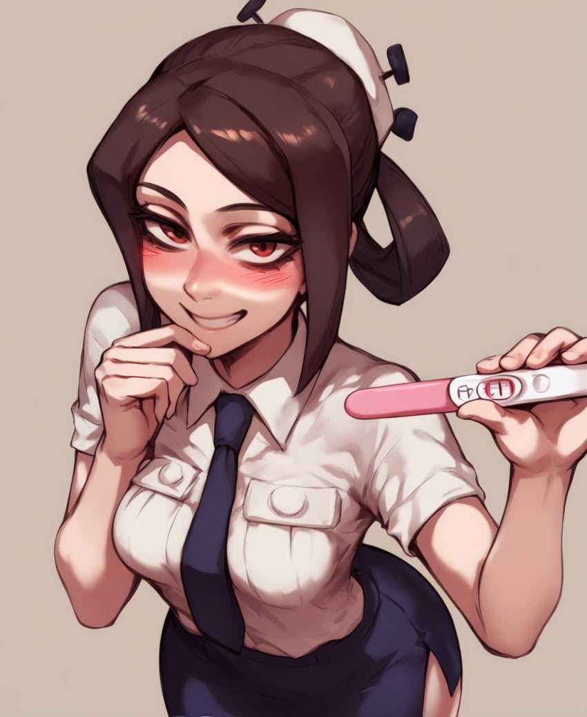 ai_generated bedroom_eyes blush carol_(skullgirls) hair_bun hair_rings mayihavesomeslops nails necktie painwheel pregnancy_test school_uniform shpo_(style) skullgirls