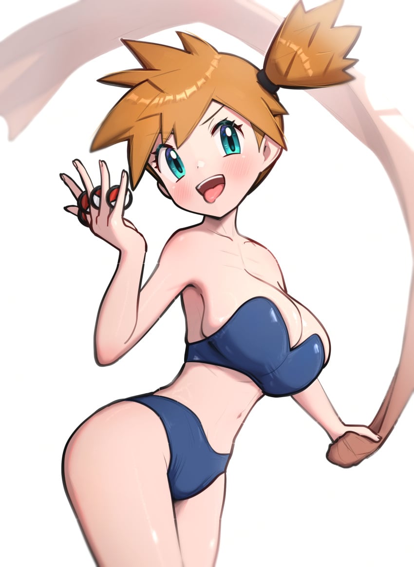 1girls absurdres bikini blue_bikini blue_eyes blush breasts cleavage collarbone creatures_(company) female female_only game_freak gonzarez highres holding holding_poke_ball holding_towel human kasumi_(pokemon) large_breasts looking_at_viewer navel nintendo open_mouth orange_hair poke_ball poke_ball_(basic) pokemon pokemon_tcg pokemon_tcg_pocket ponytail raised_eyebrow short_hair side_ponytail smile solo standing swimsuit teeth tongue tongue_out towel white_background