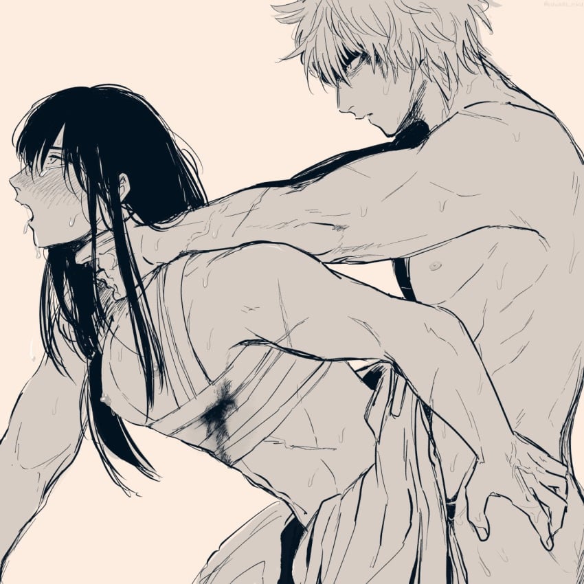 2boys anal anal_sex asphyxiation bandages blood choking doggy_style from_behind gay gintama gintoki_sakata implied_anal implied_sex injury katsura_kotarou long_hair long_hair_male male male_only monochrome no_visible_genitalia open_mouth profile questionable_consent rough_sex shaded_face side_view suwada_niku sweat tears wounded yaoi