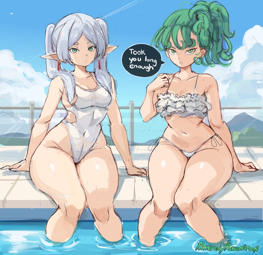 2girls alternate_costume bikini blue_sky breasts cloud covered_navel crossover curly_hair earrings elf english_text frieren frilled_bikini frills green_eyes green_hair grey_hair hi_res highleg highleg_one-piece_swimsuit highres jewelry long_hair looking_at_viewer multiple_girls navel one-piece_swimsuit one-punch_man outdoors parted_bangs petite pointy_ears pool rakeemspoon short_eyebrows short_hair side-tie_bikini_bottom side_ponytail sitting sky small_breasts sousou_no_frieren speech_bubble swimsuit tatsumaki thick_eyebrows thick_thighs thighs twintails white_bikini white_one-piece_swimsuit wide_hips