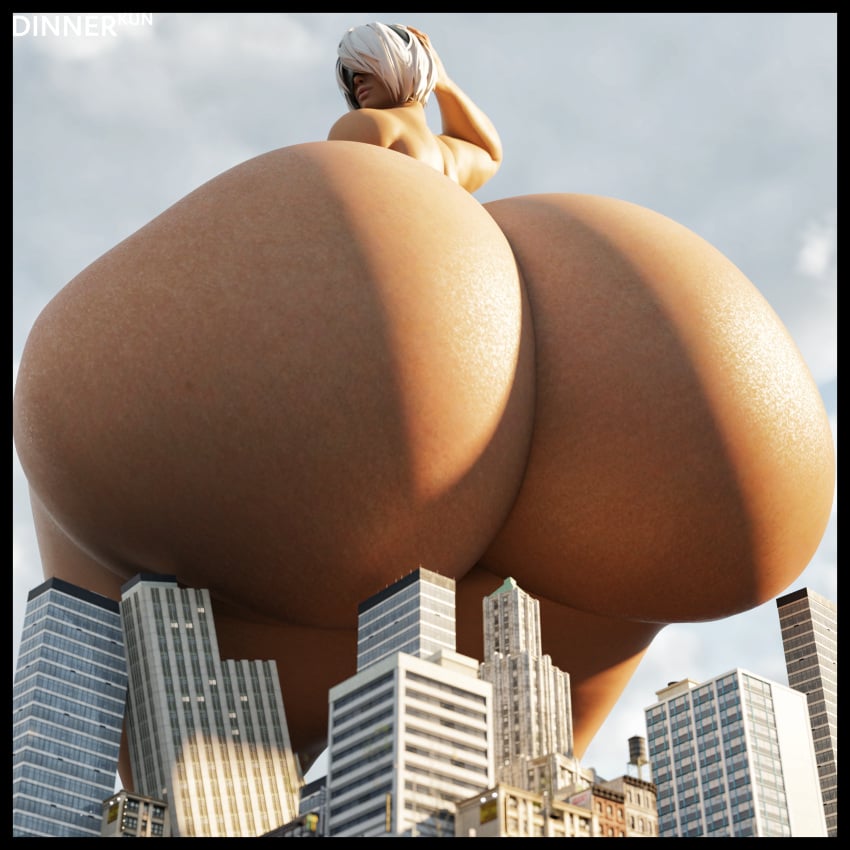 1girls 3d ass ass_expansion ass_focus blindfold city colossal_ass dinner-kun female female_only giant_ass giantess hairband huge_ass hyper_ass light-skinned_female light_skin low-angle_view macro nier nier:_automata nude nude_female short_hair solo white_hair yorha_2b