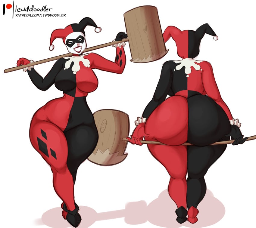 1girls ass batman_(series) big_ass big_breasts breasts bubble_butt clothing dat_ass dc dc_comics fat_ass female female_only front_view hammer harley_quinn harley_quinn_(classic) huge_ass jester large_ass lewddoodler looking_at_viewer png rear_view smile solo thick_ass thick_thighs weapon wide_hips