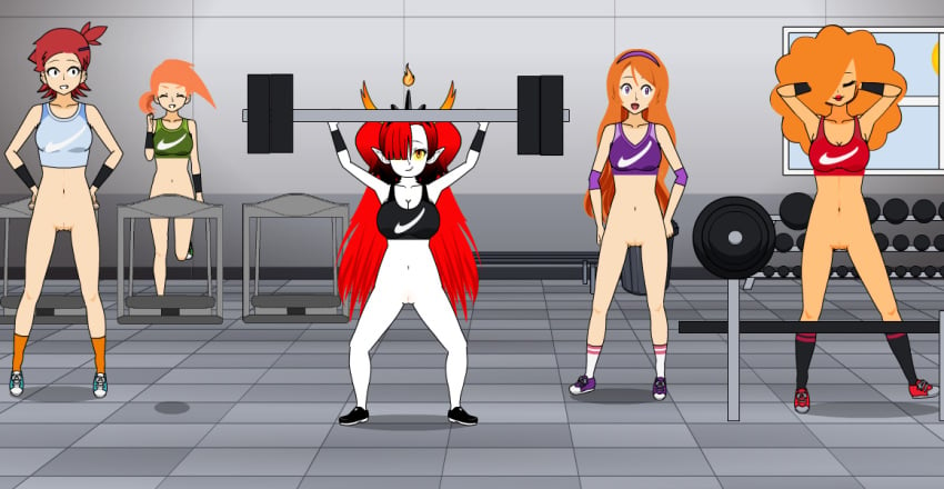 5girls athletic_female boomerang_(tv_network) bottomless bottomless_female cartoon_network crossover daphne_blake daphne_blake_(mystery_incorporated) disney disney_channel disney_xd foster's_home_for_imaginary_friends frankie_foster gym hekapoo kisekae nickelodeon nicktoons nike_logo powerpuff_girls red_hair running sara_bellum scooby-doo scooby-doo!_mystery_incorporated sneakers sports_bra star_vs_the_forces_of_evil the_fairly_oddparents vicky_(fairly_odd_parents) warner_brothers weight_lifting workout