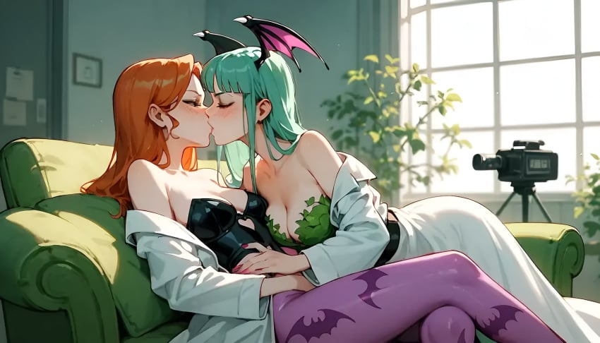 ai_generated batman_(series) camera casting_couch cosplay costume_swap couch darkstalkers dc kissing labcoat lesbian_kiss mahamoan morrigan_aensland morrigan_aensland_(cosplay) poison_ivy poison_ivy_(cosplay) video_camera white_lab_coat yuri