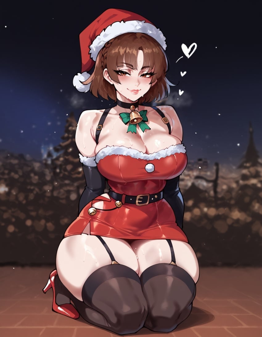 ai_generated bare_shoulders bell belt black_choker black_gloves black_thighhighs blush braid breasts brown_eyes brown_hair choker christmas christmas_tree cleavage curvy dress elbow_gloves female floppydisc fur_trim garter_straps gloves hat heart high_heels kneeling large_breasts lips looking_at_viewer makoto_niijima mature_female neck_bell night novelai persona persona_5 red_dress red_footwear santa_costume santa_hat seiza short_dress short_hair skindentation sky smile solo stable_diffusion sweat thiccwithaq_(ai_style) thick_thighs thighhighs thighs