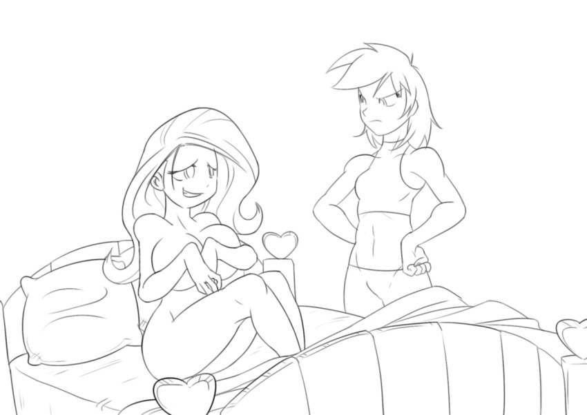 2girls big_breasts brainsucks breasts fluttershy_(mlp) friendship_is_magic humanized monochrome my_little_pony rainbow_dash_(mlp) smooth_skin