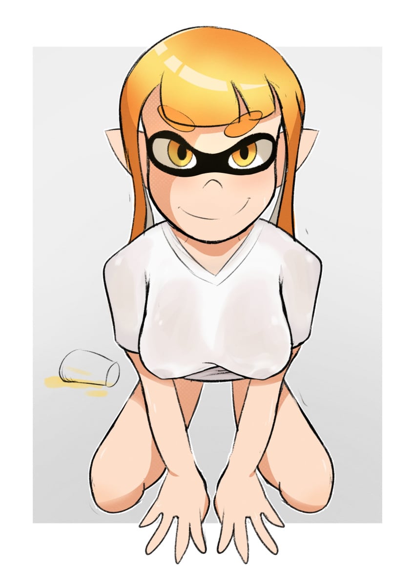 admirallewdie blush breasts cleavage clothed clothing color colored glass_cup inkling inkling_girl kaori_(splatoon) looking_at_viewer nintendo nipples nipples_visible_through_clothing orange_hair smile smiling splatoon white_background yohocutie