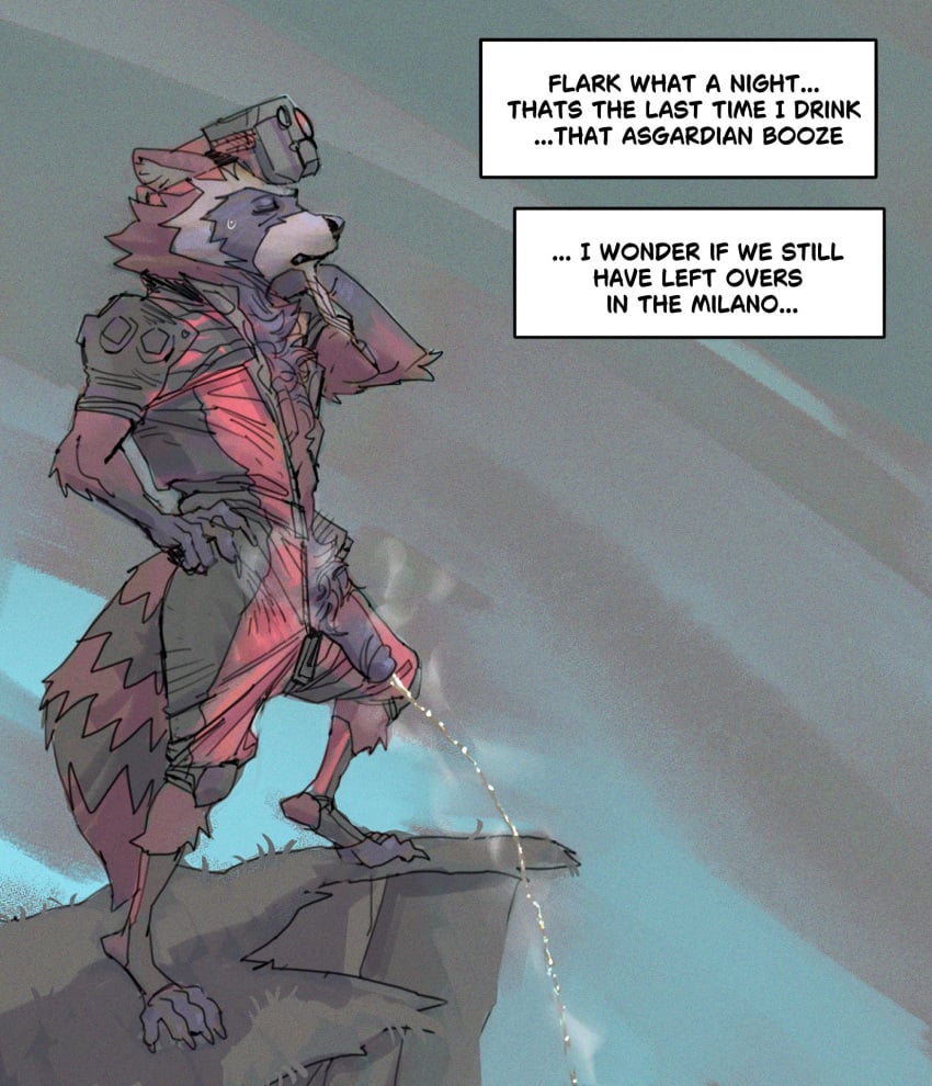 2024 anthro bodily_fluids chest_fur closed_eyes clothing concosive dialogue dialogue_box facial_hair genital_fluids genitals goatee guardians_of_the_galaxy hi_res hungover male mammal marvel marvel_comics peeing penis procyonid pubes raccoon rocket_raccoon semi-anthro solo standing suit urine zipper zipper_down