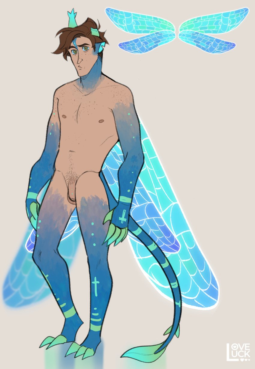 2_horns 3_toes 5_fingers absurd_res alternate_species animal_humanoid arthropod arthropod_humanoid artist_name balls belly biped black_pubes blue_body blue_ears blue_exoskeleton blue_horn blue_tail blue_wings body_hair boy_jerry broken_horn brown_eyebrows brown_hair brown_nipples casual_nudity chest_hair collarbone dragonfly dragonfly_humanoid exoskeleton eyebrows eyelashes fairy feet fingers flaccid foreskin freckled_belly freckled_chest freckled_face freckled_shoulders freckles genitals glans gradient_horn green_eyes grey_background hair happy_trail hatchetfield hi_res horn humanoid humanoid_genitalia humanoid_penis insect_humanoid insect_wings insects light_body light_skin loveluck male male_only markings mouth_closed multicolored_horn navel nipples nude nude_humanoid nude_male partially_retracted_foreskin penis plantigrade pubes short_hair simple_background solo standing starkid_productions striped_markings striped_tail stripes tail tail_markings teal_body teal_exoskeleton teal_horn teal_tail toes two_tone_horn two_tone_tail wings