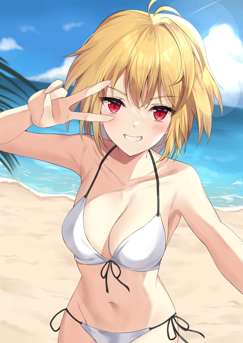 absurdres alternate_costume antenna_hair arcueid_brunestud beach bikini blonde_hair blue_sky blush breasts cleavage cloud collarbone commentary_request day female grin hair_between_eyes halterneck highres looking_at_viewer medium_breasts navel ocean outdoors red_eyes sand selfie short_hair side-tie_bikini_bottom sky smile solo string_bikini sunlight swimsuit teeth tsukihime tsukihime_(remake) v water white_bikini yuyuenimo