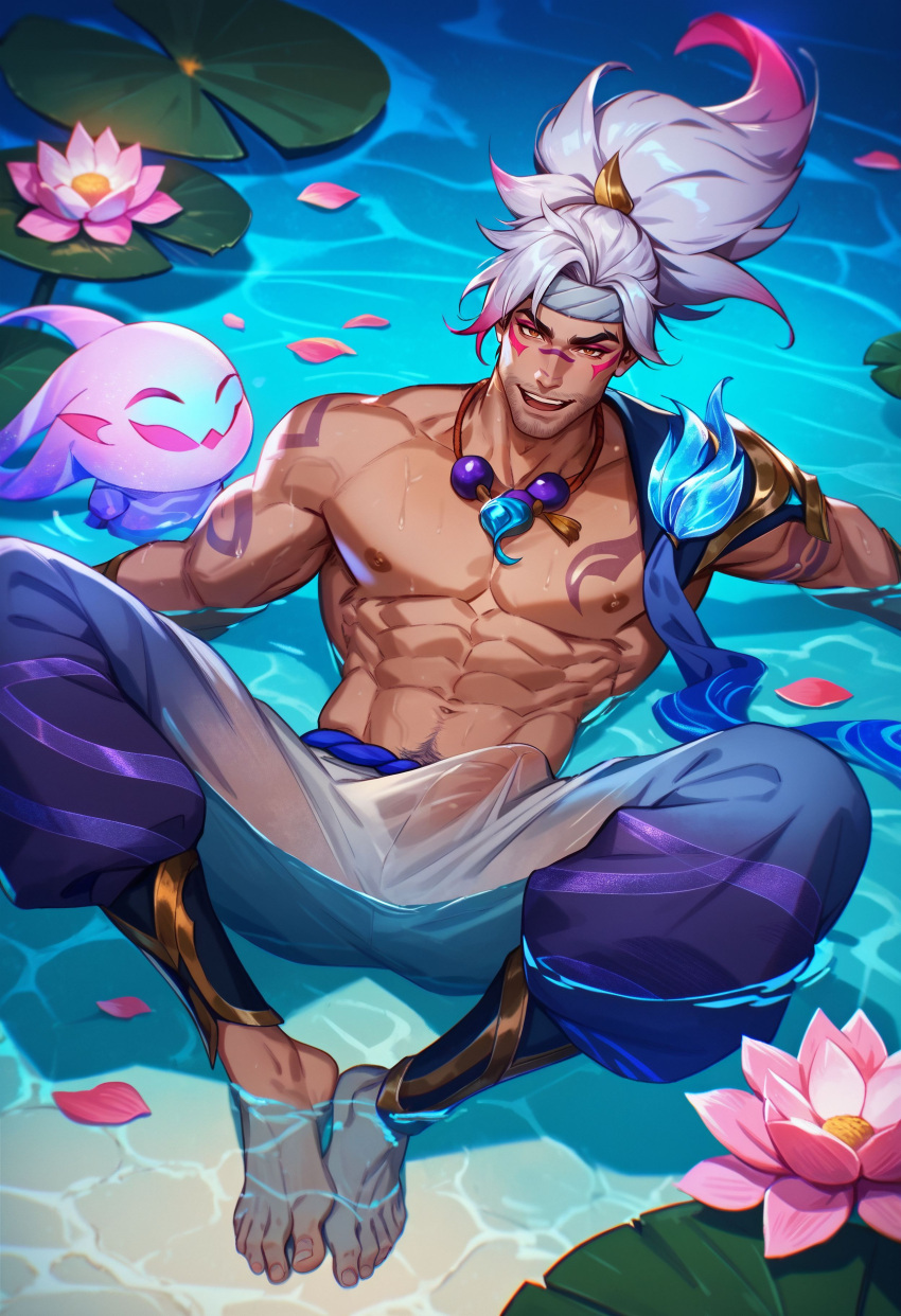 abs ai_generated bara biceps big_bulge bulge erection_under_clothes league_of_legends male male_nipples male_only manly muscular_male nipples pecs penis_outline riot_games scar spirit_blossom_series spirit_blossom_yasuo wankyc wet yasuo