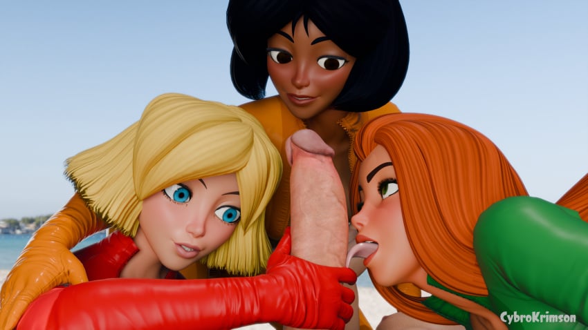 1boy 3d 3girls alex_(totally_spies) big_penis clover_(totally_spies) cybrokrimson dark-skinned_female dark_skin female happy_trail human human_only interracial light-skinned_female light-skinned_male light_skin male male/female partial_male penis sam_(totally_spies) totally_spies