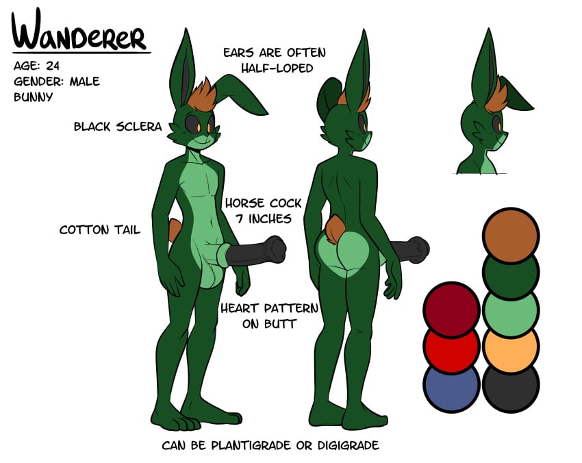 2024 absurd_res animal_genitalia animal_penis anthro balls black_sclera brown_hair english_text equine_genitalia equine_penis erection exposure_variation fur genitals green_body green_fur hair hi_res lagomorph leporid lettuce_(artist) male mammal model_sheet nude nude_anthro nude_male penis rabbit scut_tail short_tail solo tail text wanderer_(aires163) yellow_eyes