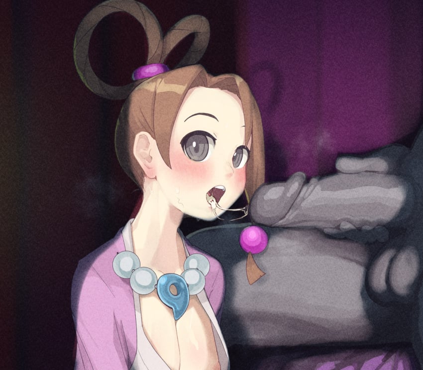 1boy 1boy1girl 1girls blush brown_hair cleavage clothed cum cum_in_mouth cum_line duo female gyakuten_saiban looking_at_viewer mammal_humanoid mdthetest pearl_fey steam stray_pubic_hair tagme unseen_male_face