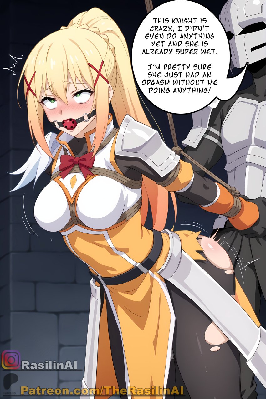 ai_generated armor ball_gag blonde_hair bondage bondage bound darkness_(konosuba) dubious_consent english english_text forced gag gagged green_eyes imminent_rape knight kono_subarashii_sekai_ni_shukufuku_wo! orgasm orgasm_without_stimulation questionable_consent rasilinai rolling_eyes rope rope_bondage speech_bubble stable_diffusion text text_bubble