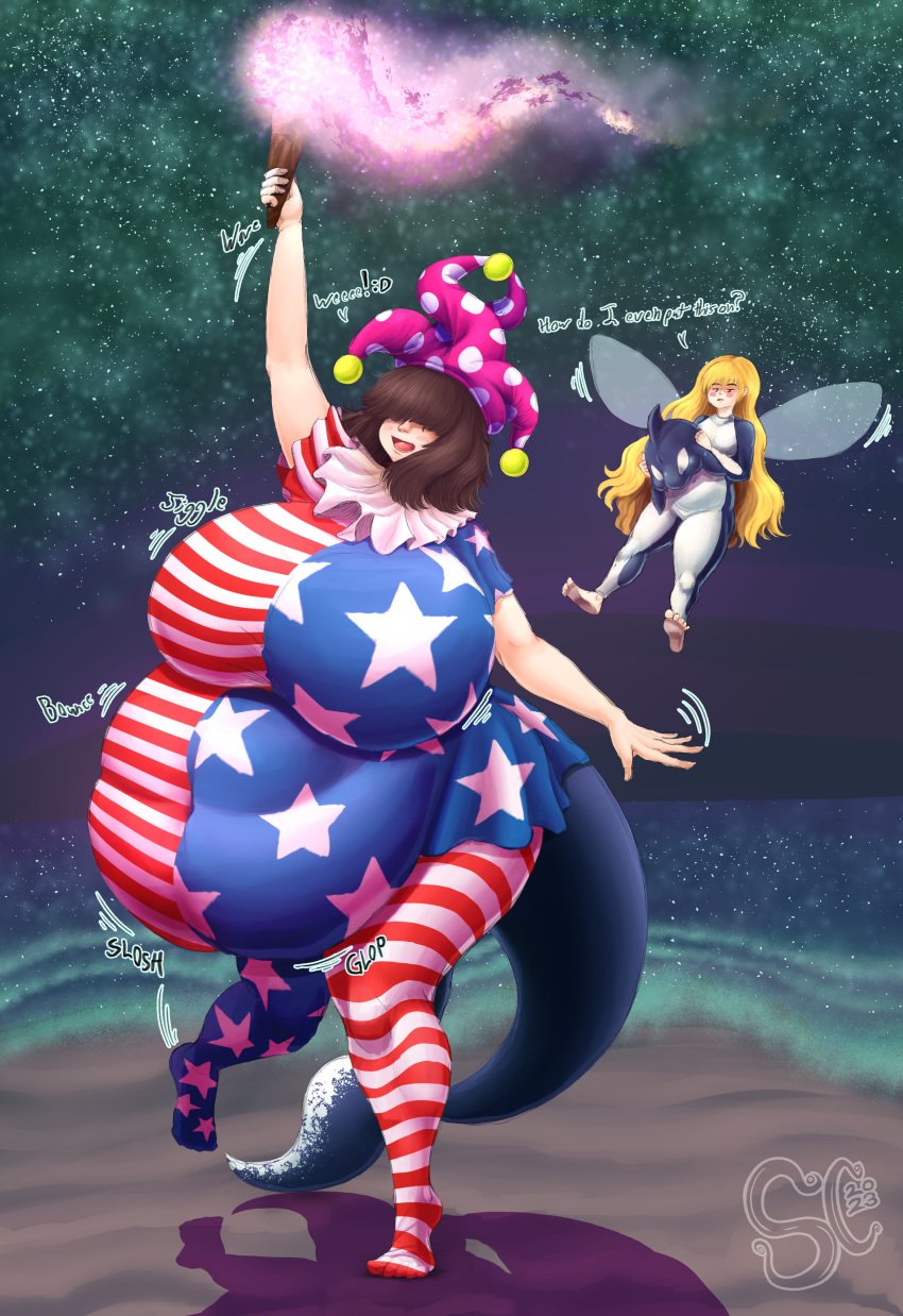 2girls bbw belly big_belly big_breasts chubby clownpiece huge_belly huge_breasts large_breasts obese original_character outfit_swap spaghetticultists thick_thighs touhou whale_girl whale_tail